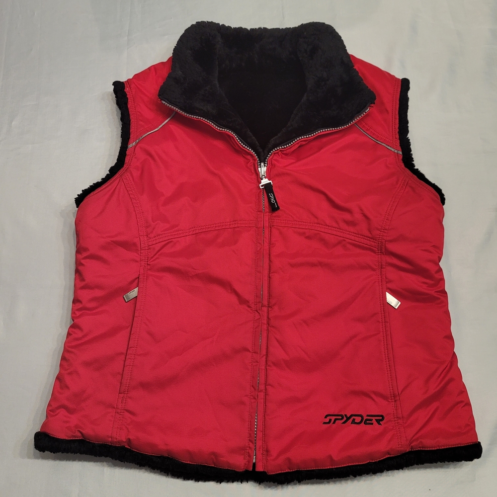 Spyder Reversible Faux Fur Ski Vest Red & Black Women’s Size 10